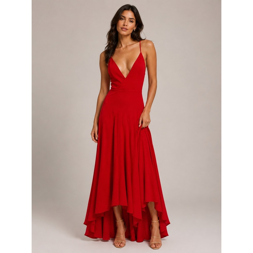 Fame and Partners Gown Women 2 Red High-Low V-Neck Formal Prom Evening Dress